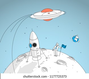 Hombre aterrizando en la luna mirándonos.  Ilustración moderna de estilo lineal.