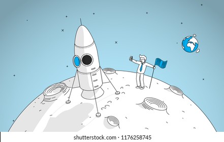 Man landing on the moon, making selfie with planet earth. Modern illustration in linear style.