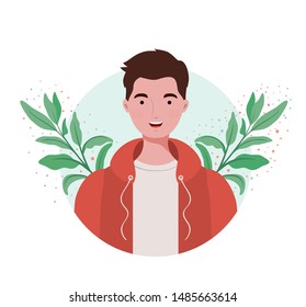 man with landscape of branches and leaves of background