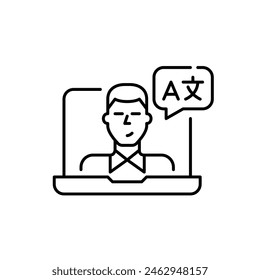 Man with languages symbol speech bubble on laptop video call. Languages coach online lessons. Pixel perfect icon