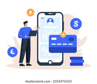 Hombre con laptop que agrega tarjeta de crédito en la cuenta bancaria en línea. Pagos por compras y servicios con diferentes gadgets. Inversiones financieras. Ilustración vectorial plana en estilo de dibujos animados