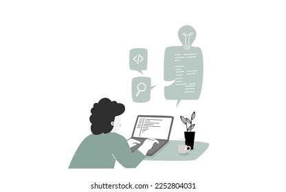 Un hombre con laptop, concepto de aprendizaje de IA. Ilustración vectorial plana.