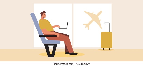 A man with a laptop in the airport lounge. Flat vector stock illustration. Waiting room interior. The man is working. Passenger with luggage, computer. Waiting for the flight. Vector graphics