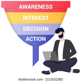 Man with laptop analysing stages of marketing process, client interest in purchases. Sales funnel with customer behavior. Businessman studying market plan symbol, marketing analytics results