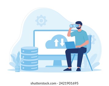 man with laptop analysis bigdata trending concept flat illustration