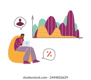 Man with laptop analyzing demographic statistics data vector cartoon illustration. Population percentage information graphics, chart, diagram infographics isolated on white