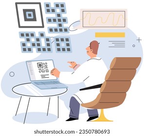 Man with laptop analyzing financial data and QR code . Identification, workflow, analytics concept. Barcode decoding, quick response code analysis. Male character looks at screen with graph key