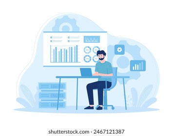 Man with laptop analyzing infographics. diagrams  reports. analytics  and big data trending concept flat illustration