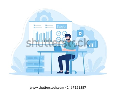 Man with laptop analyzing infographics. diagrams  reports. analytics  and big data trending concept flat illustration
