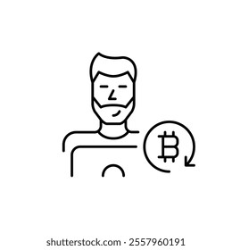 Man at laptop and bitcoin in refresh arrow, cryptocurrency mining or workstation. Pixel perfect, editable stroke icon
