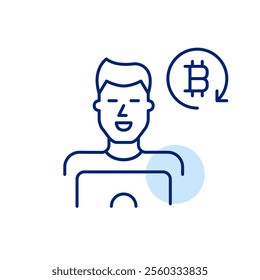 Man at laptop and bitcoin in refresh arrow. Cryptocurrency trading or mining. Wallet reload, asset management. Pixel perfect, editable stroke icon