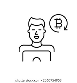 Man at laptop and bitcoin in refresh arrow. Cryptocurrency trading or mining. Wallet reload, asset management. Pixel perfect vector icon