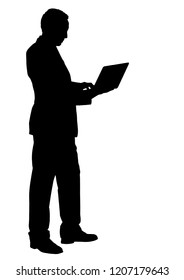 man with laptop black silhouette, vector.