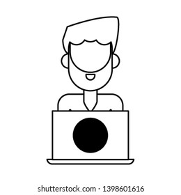 man with laptop in black and white