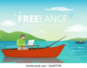 Man with laptop in the boat. Concept of happy worker as a freelancer or creative manager.