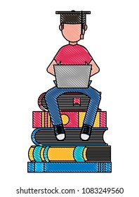 man with laptop and books character