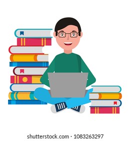 man with laptop and books character