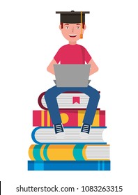 man with laptop and books character