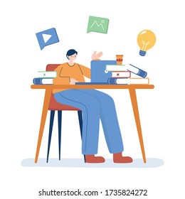 Man with laptop and books on desk design, Digital technology and communication theme Vector illustration