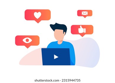 Hombre con laptop y redes de navegación para charlar y conseguir me gusta y corazones. Red social en línea, laptop de internet. Ilustración del vector