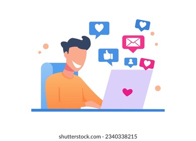 Man with laptop and browsing networks for chatting and getting likes and hearts. Social network online, internet laptop. Vector illustration