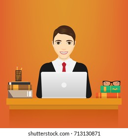 Man with laptop. Business man in a suit working on a laptop computer at his office desk.  isolated on white background. Vector illustration. Eps 10.