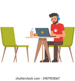 Man with laptop at cafe vector illustration isolated on white