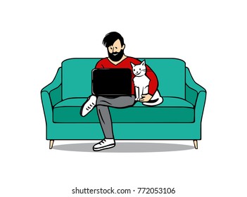 A man with a laptop and a cat on the couch. A colored hand drawn vector illustration.