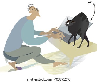 man with a laptop and cat vector illustration