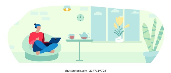 A man with a laptop in a chair. Distant work. Hygge concept. Interior, evening, room, armchair, window, lighting, cup, tea, coffee, relaxation. Vector illustration.