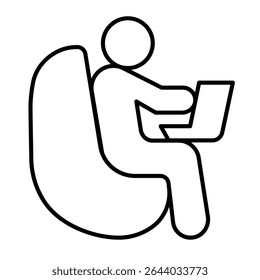 Man with laptop and chair thin line icon, remote work concept. Vector graphics. Human sitting on easy chair sign on white background, style mobile or design