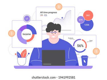 Man with a laptop and charts. Data analysis, trading, increasing income. Successful investor, broker. Analysis of trends and dynamics of stock prices. Vector flat illustration.