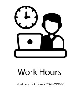 Hombre con portátil y reloj que denota el icono de glifo horas de trabajo 