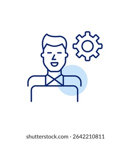 Man at laptop and cogwheel. Remote tech support, software development, system configuration and IT management. Pixel perfect, editable stroke vector icon