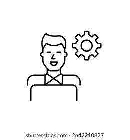 Man at laptop and cogwheel. Remote tech support, software development, system configuration and IT management. Pixel perfect, editable vector icon