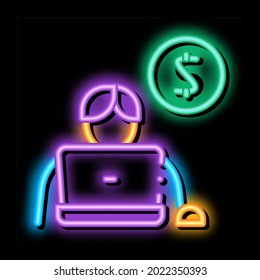 Vehículo de señalización de la luz de neón de la moneda del portátil del hombre. Icono brillante Man Laptop Coin señal isométrica. ilustración de símbolo transparente