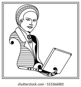 Man with laptop. Coloring book page. Suitable for invitation, flyer, sticker, poster, banner, card,label, cover, web. Vector illustration.