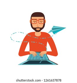 man with laptop computer and airplane paper