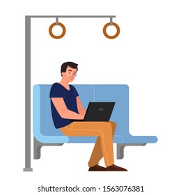 Man with laptop computer. Male character working on notebook in public transport. Man sitting on the bus, in the subway with a laptop. Isolated flat vector illustration