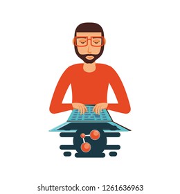 man with laptop computer and share symbol