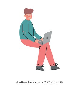 Man with Laptop Computer Spreading Fake News and Untruth Information Cartoon Vector Illustration