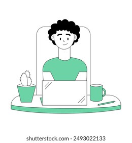Man with a laptop. Concept of work and study at home, freelancing. Employee and computer. Line art minimalistic vector illustration isolated on white background