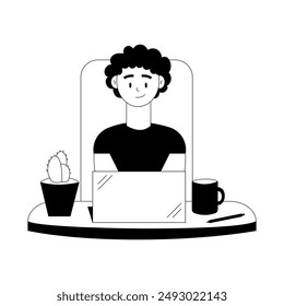 Man with a laptop. Concept of work and study at home, freelancing. Employee and computer. Black and white line art minimalistic vector illustration isolated on a white background.