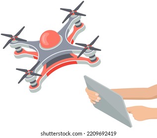 Man with laptop controls flying drone, modern aircraft technologies. Drone delivery and shipment innovation concept. Transportation of goods using new innovative equipment. Worldwide delivery