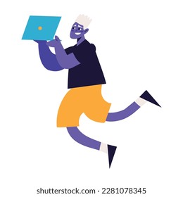 hombre con diseño de laptop e icono de creatividad aislado