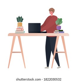 Man with laptop at desk working design of Work from home theme Vector illustration