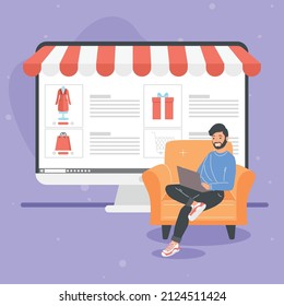hombre con ecommerce de laptop y escritorio