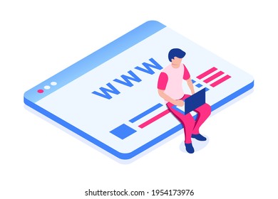 A man with a laptop is developing a website. Web design concept. Vector illustration in isometric style. Isolated over white background.  