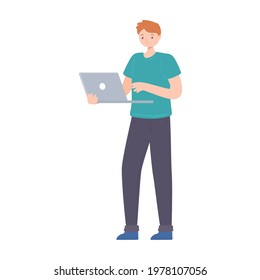 man with laptop device isolated style