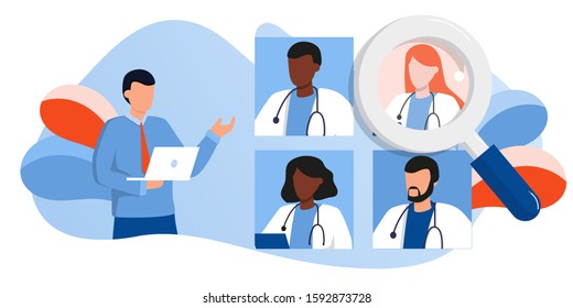 man with laptop, doctors team medical staff portraits. Patient online searching therapist via internet. Mobile app to find a specialist, medical insurance, telemedicine. For banner, flyer, landing